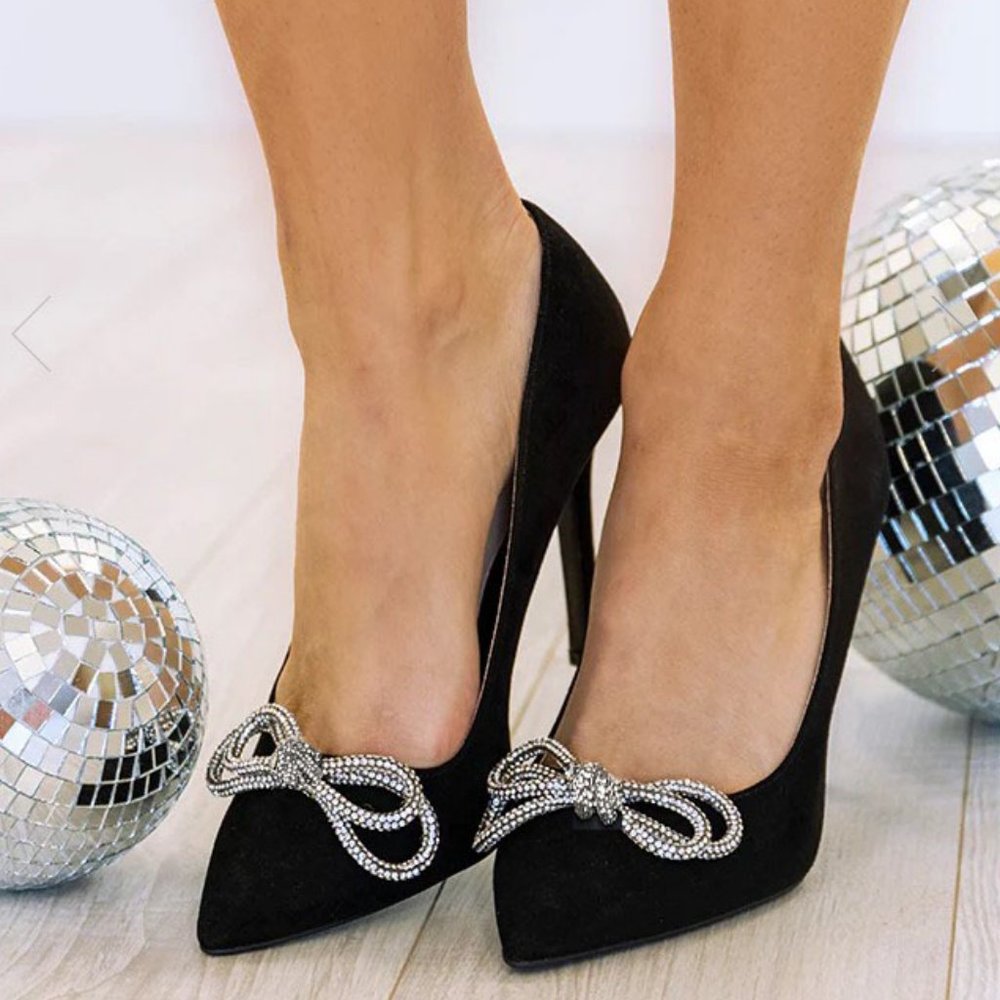 New Black Rhinestone Crystal Bow Pointed Toe Stiletto Heel Pumps